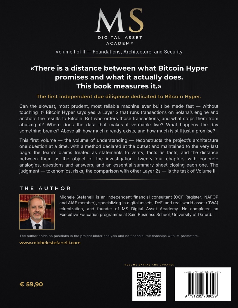 Zadná obálka publikácie „Due Diligence of a Layer 2 – The Bitcoin Hyper Case, Volume I“ od Michele Stefanelliho